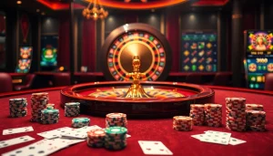 Experience the thrill of Nhà cái MV66 with a vibrant online casino scene showcasing poker chips and a roulette wheel.