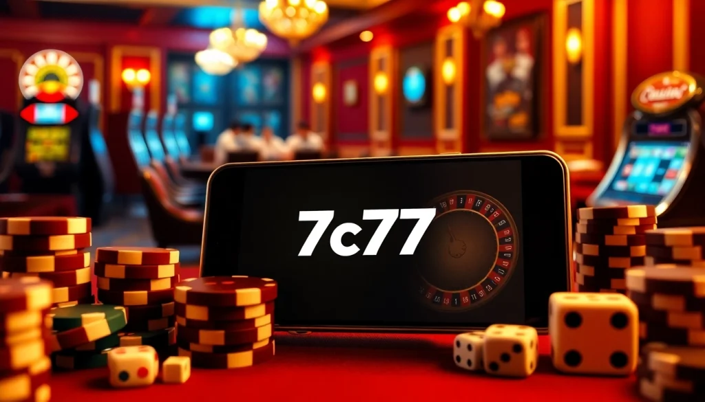 The 7c77 app interface displayed amid poker chips and a roulette wheel, capturing real casino excitement.