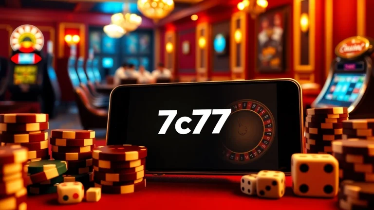 The 7c77 app interface displayed amid poker chips and a roulette wheel, capturing real casino excitement.