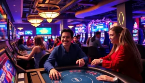 A188 online casino experience showing diverse players enjoying table games and slots in a vibrant, high-tech environment.