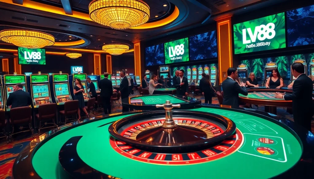 Players enjoying high-stakes games at https://lv88.baby/ with luxurious casino decor.
