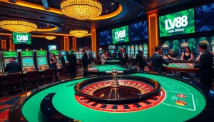 Players enjoying high-stakes games at https://lv88.baby/ with luxurious casino decor.