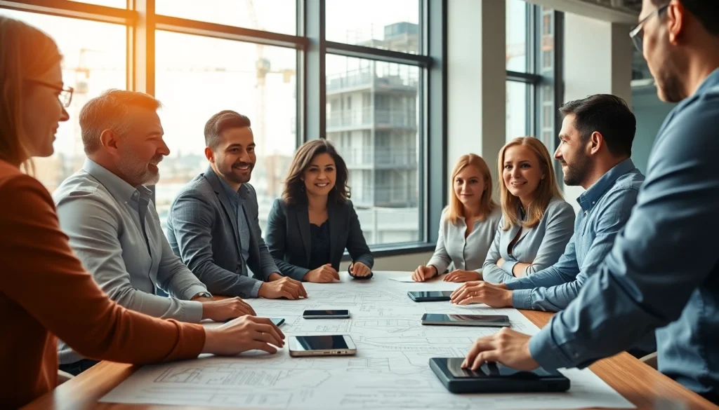 Construction advocacy Carolinas leaders strategizing in a modern meeting room with blueprints.