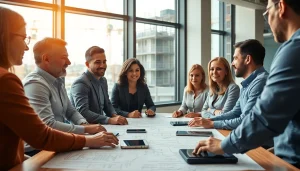 Construction advocacy Carolinas leaders strategizing in a modern meeting room with blueprints.
