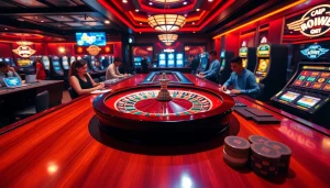 Exciting gaming action at Nhà Cái 789P featuring players at roulette tables and vibrant atmosphere.
