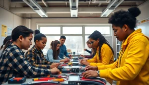 Students collaborating at an electrician trade school Colorado, featuring hands-on learning with wiring equipment.