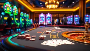Exciting casino scene featuring luxury blackjack gameplay with BDTK66 poker chips and vibrant slot machines.