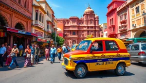 Jaipur Taxi Service showcasing vibrant local taxis in a bustling street scene.