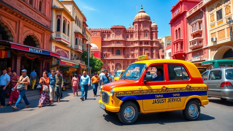 Jaipur Taxi Service showcasing vibrant local taxis in a bustling street scene.