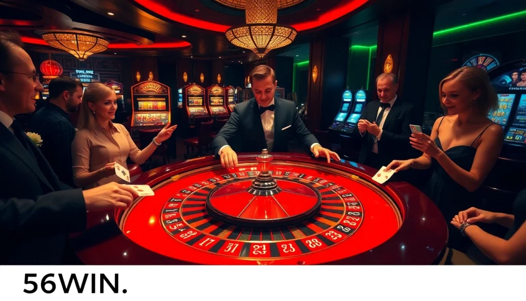 Action-packed gamblers betting at a roulette table, highlighting 56WIN.SALE casino experience.
