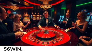 Action-packed gamblers betting at a roulette table, highlighting 56WIN.SALE casino experience.
