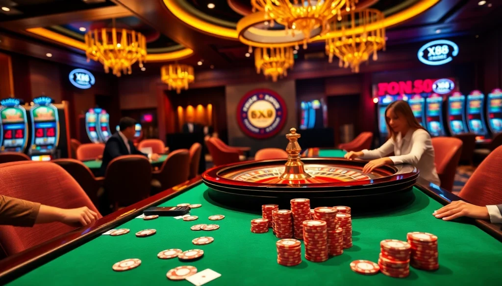 Experience thrilling gameplay at X88's luxurious casino tables and vibrant atmosphere.