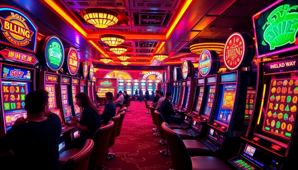 Engage with the captivating slot demo mahjong experience on a lively casino floor featuring vibrant machines and players.