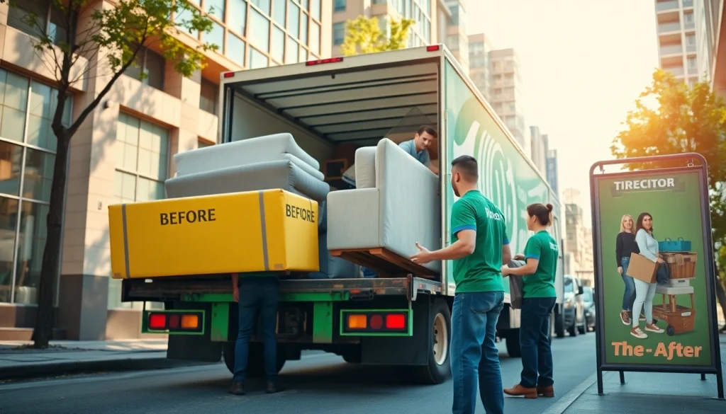 Efficient junk removal team loading appliances and furniture into a truck in a sunny urban setting.