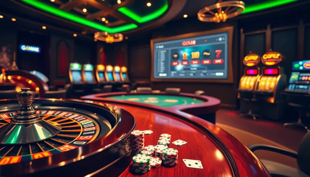 Engage in thrilling games at Go8's stylish casino with a vibrant roulette wheel and poker setup.