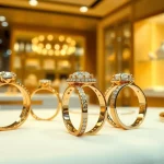 ダイヤモンドをあしらったプラチナとゴールドの繊細なデザインを美しく展示する結婚指輪のエレガントなディスプレイ