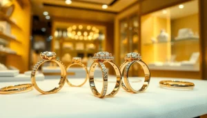 ダイヤモンドをあしらったプラチナとゴールドの繊細なデザインを美しく展示する結婚指輪のエレガントなディスプレイ