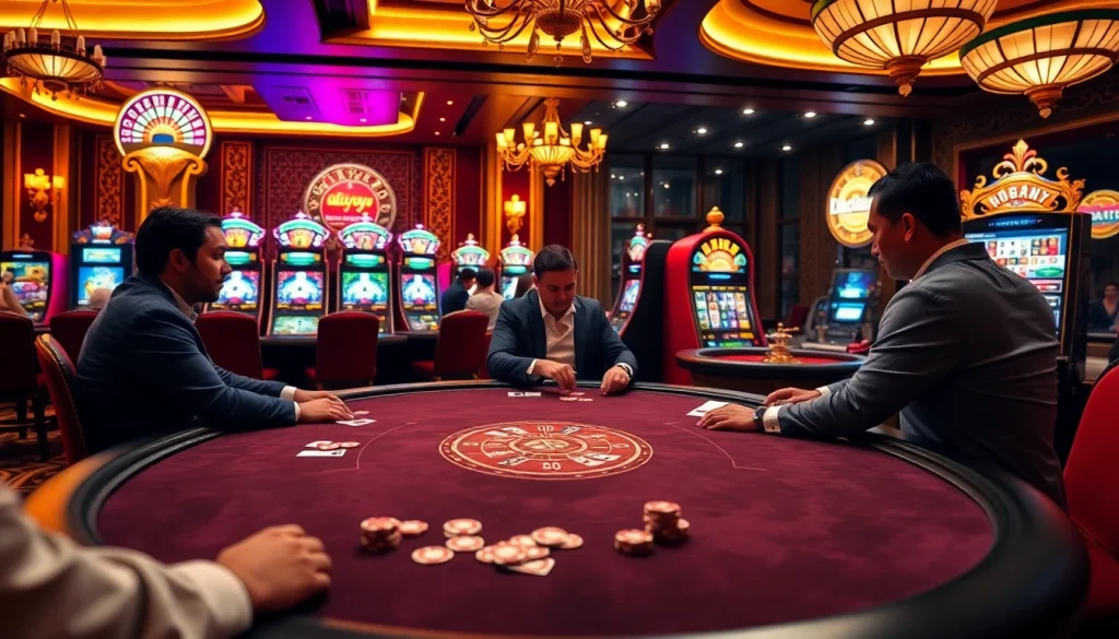 Engaging gameplay at http://mm88.center/ with players enjoying a thrilling poker match amidst vibrant casino decor.