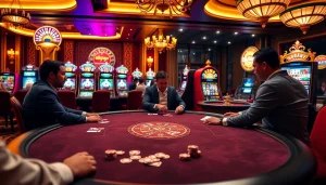 Engaging gameplay at http://mm88.center/ with players enjoying a thrilling poker match amidst vibrant casino decor.