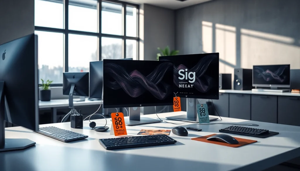 モダンなテックワークスペースで、コンピューターとアクセサリとともに表示されるマウスコンピューター クーポン。