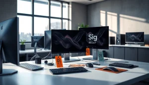 モダンなテックワークスペースで、コンピューターとアクセサリとともに表示されるマウスコンピューター クーポン。