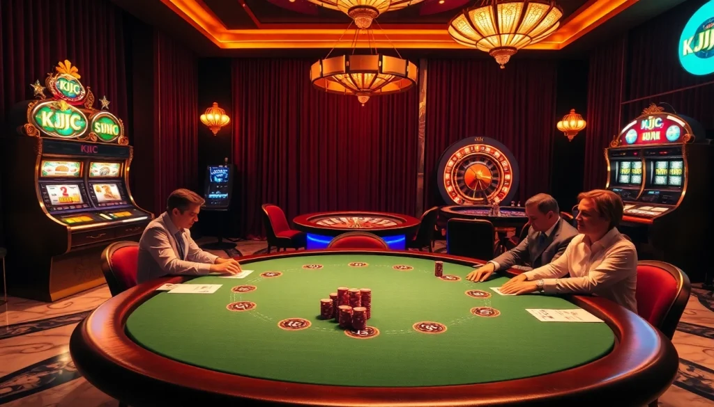 A vibrant casino scene featuring KJC-themed poker chips and players at an elegant poker table.