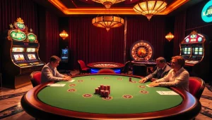 A vibrant casino scene featuring KJC-themed poker chips and players at an elegant poker table.