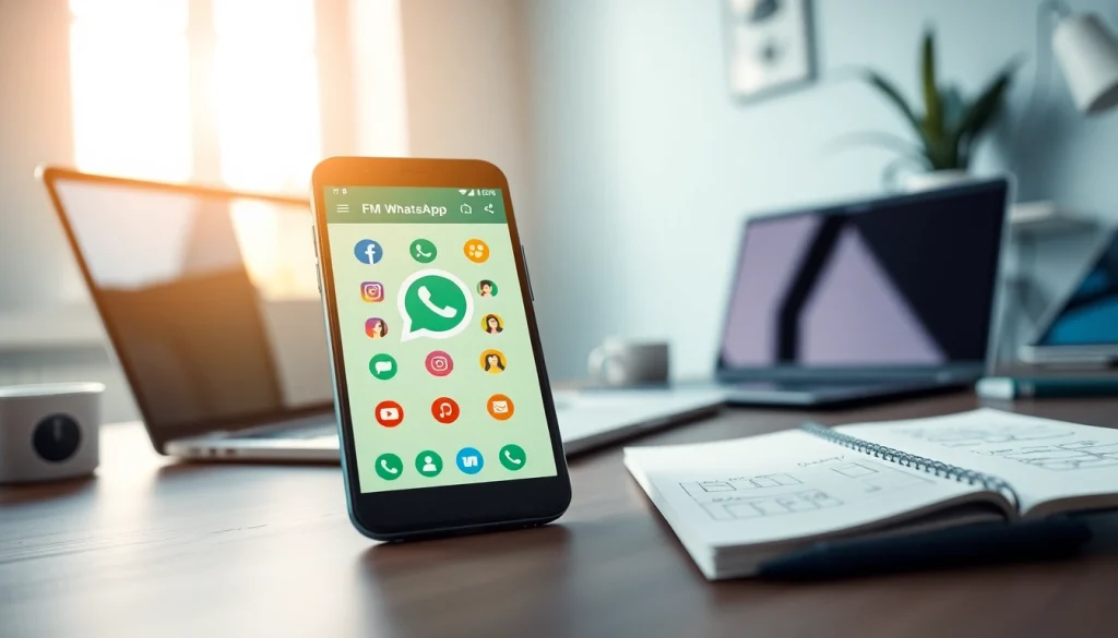 FM WhatsApp interface showcased on a modern smartphone in a vibrant workspace