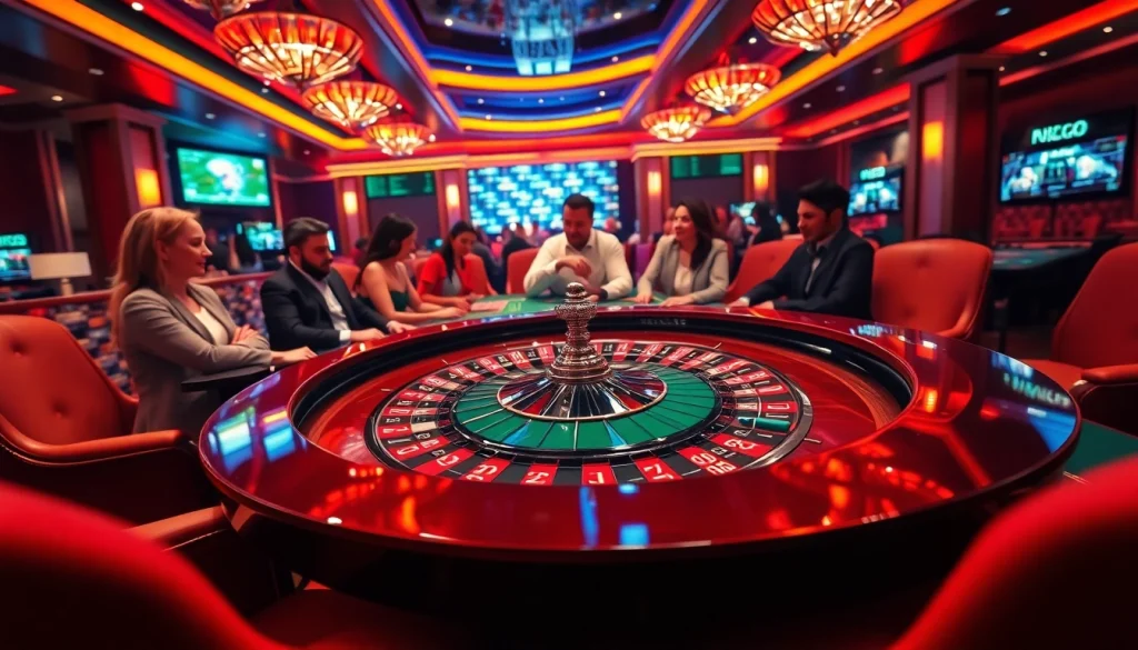Experience the thrilling action of gojekpot at a vibrant casino roulette table surrounded by excited players.