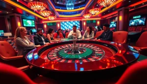 Experience the thrilling action of gojekpot at a vibrant casino roulette table surrounded by excited players.