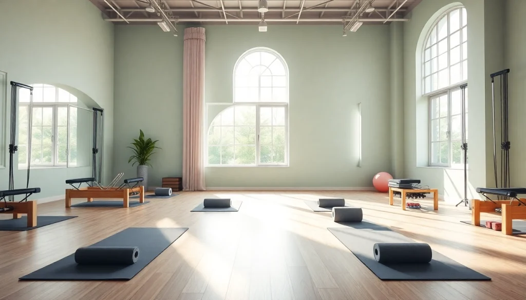 静かな環境とピラティス機材を備えた、落ち着いたワークアウト体験を提供するピラティススタジオを強調した画像。