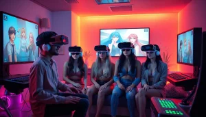 Playful characters in a modern gaming room exploring sex games AI.