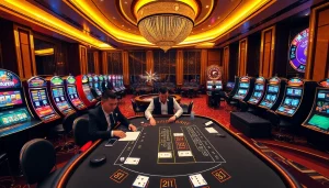 Intense blackjack gameplay at 98win casino, showcasing professional players and vibrant slot machines.