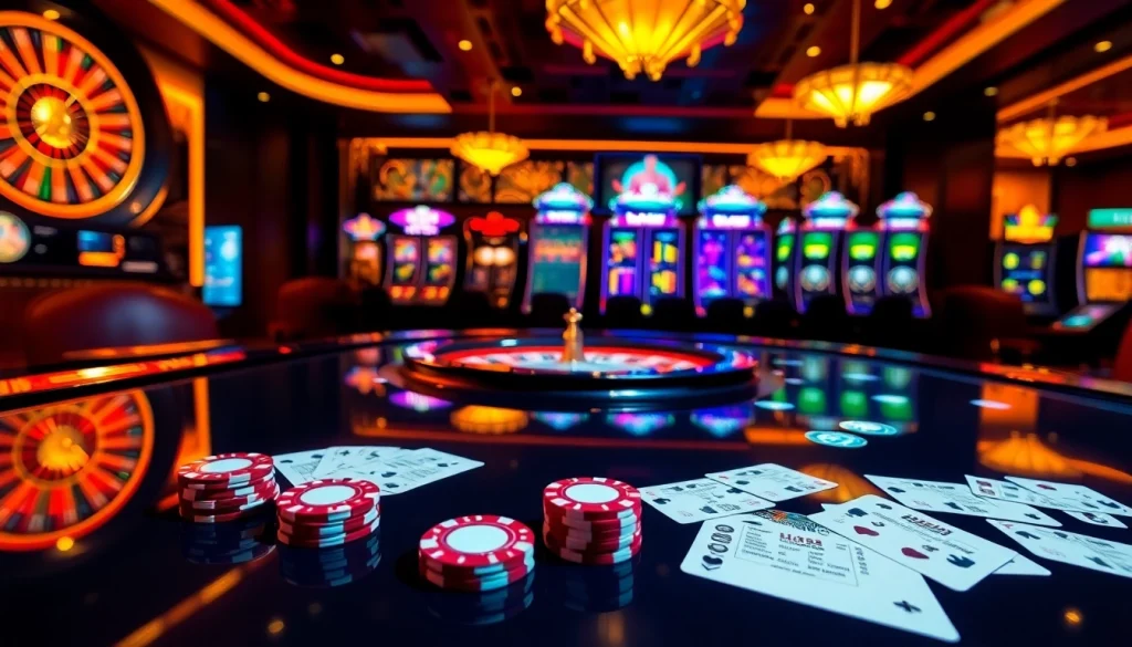 Experience thrilling games at hay.win with an exciting casino scene showcasing poker and roulette.