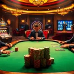 Nohu90 gaming table with professional players engaged in high-stakes poker, evoking luxury and excitement.