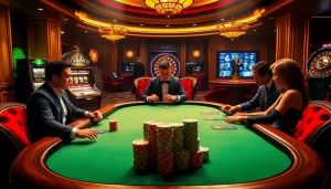 Nohu90 gaming table with professional players engaged in high-stakes poker, evoking luxury and excitement.