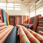 Bekijk diverse punta di roma kopen stoffen in een stijlvolle showroom met kleurrijke patronen.