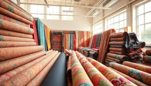 Bekijk diverse punta di roma kopen stoffen in een stijlvolle showroom met kleurrijke patronen.