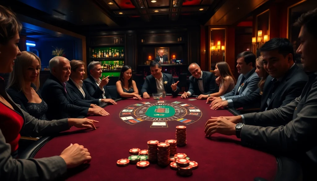 etrafli Pinco Casino oyun reyi haqqında kartlar və çiplərlə dolu lüks kazino görüntüsü.