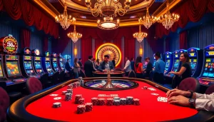 Gamblers engaged in thrilling poker action at the l444 casino table, featuring vibrant decor and luxurious atmosphere.
