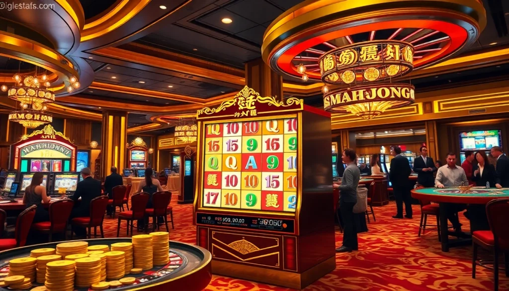Permainan slot demo mahjong yang menarik menampilkan pemain di kasino yang penuh warna dan hidup.