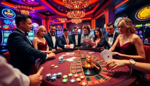 SODO casino players enjoying an exhilarating game of roulette with vibrant chips and neon lights.