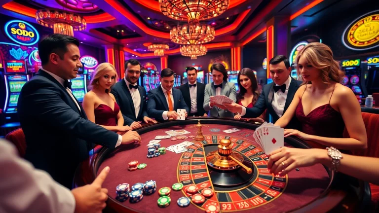 SODO casino players enjoying an exhilarating game of roulette with vibrant chips and neon lights.
