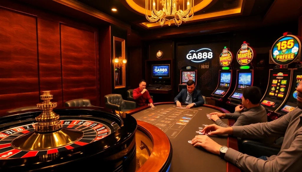 Experience the thrill of GA888 with players betting at a luxurious casino table surrounded by vibrant slots.