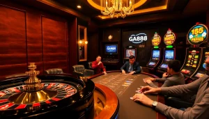 Experience the thrill of GA888 with players betting at a luxurious casino table surrounded by vibrant slots.