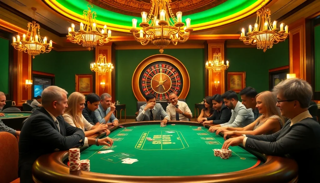 KJC members enjoying an exciting poker game in a luxurious casino setting with vibrant colors and atmosphere.
