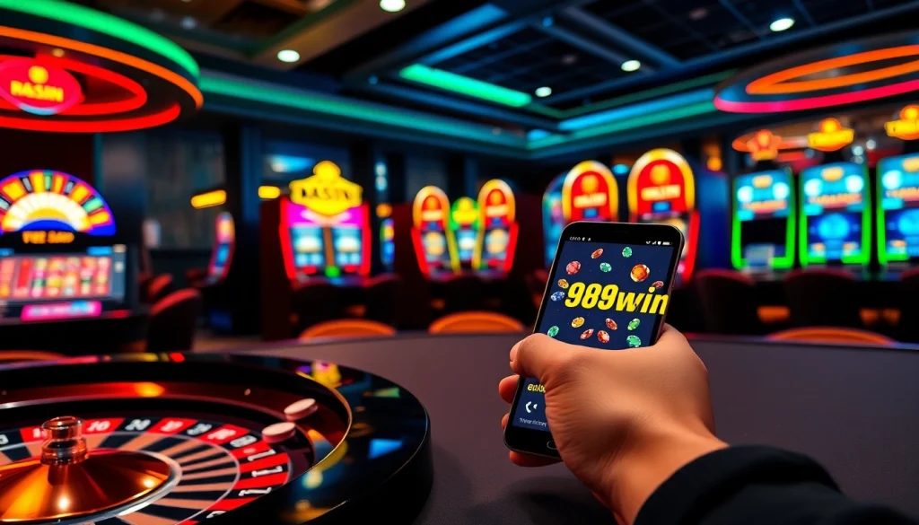 Engaging scene depicting players using the 98win app at a modern casino, showcasing a roulette wheel and vibrant slot machines.