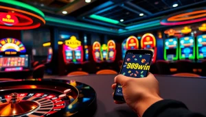 Engaging scene depicting players using the 98win app at a modern casino, showcasing a roulette wheel and vibrant slot machines.
