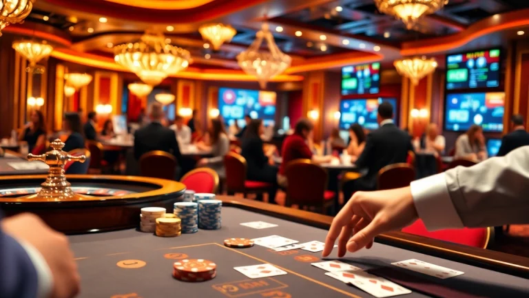 Experience high-stakes action at MMOO casino tables with vibrant poker chips and roulette wheels.