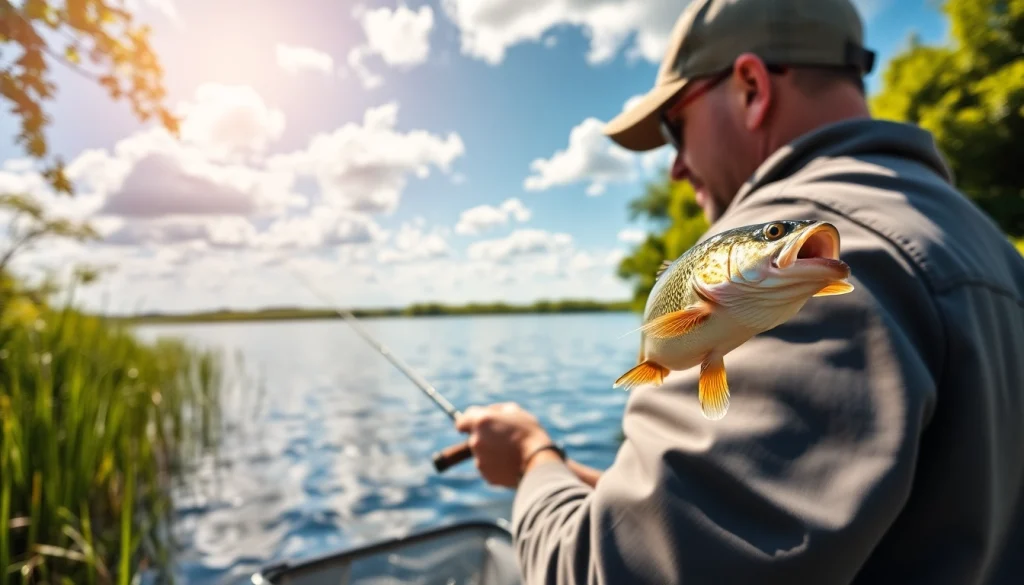 Angler actively fly fishing for bass in a beautiful lakeside setting.